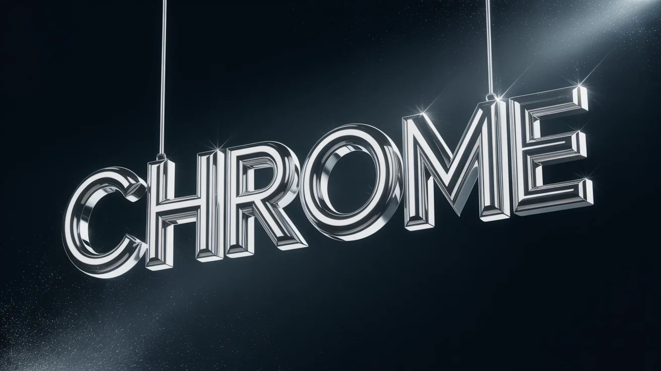 An eye-catching hero image showing the word 'CHROME' rendered in a photorealistic, 3D polished chrome metal text style, set against a dark, clean background.