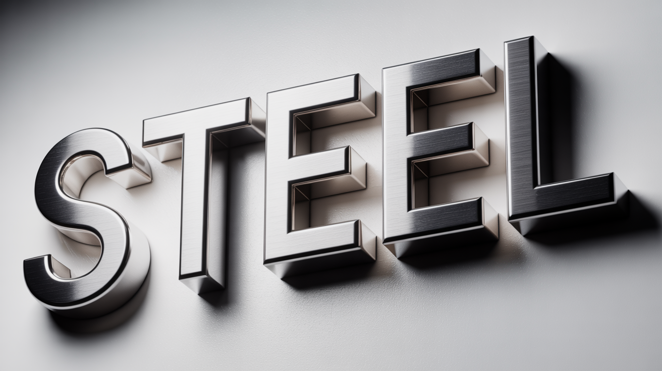 A photorealistic 3D rendering of the word 'STEEL' in a brushed metal texture, set against a stark white background to highlight its metallic sheen and weight.