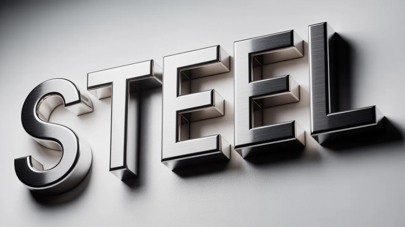 A photorealistic 3D rendering of the word 'STEEL' in a brushed metal texture, set against a stark white background to highlight its metallic sheen and weight.