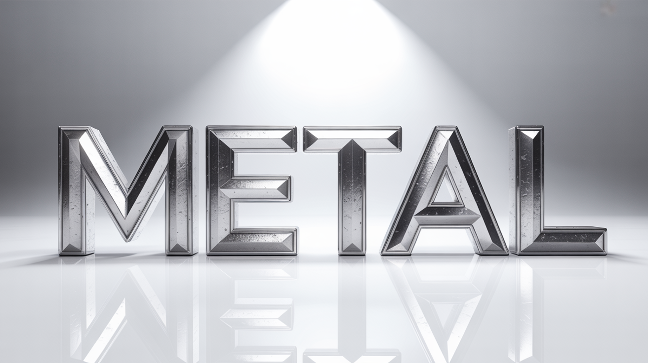 A photorealistic 3D rendering of the word 'METAL' in a polished chrome finish with beveled edges, set against a plain white background to showcase a metal text effect.