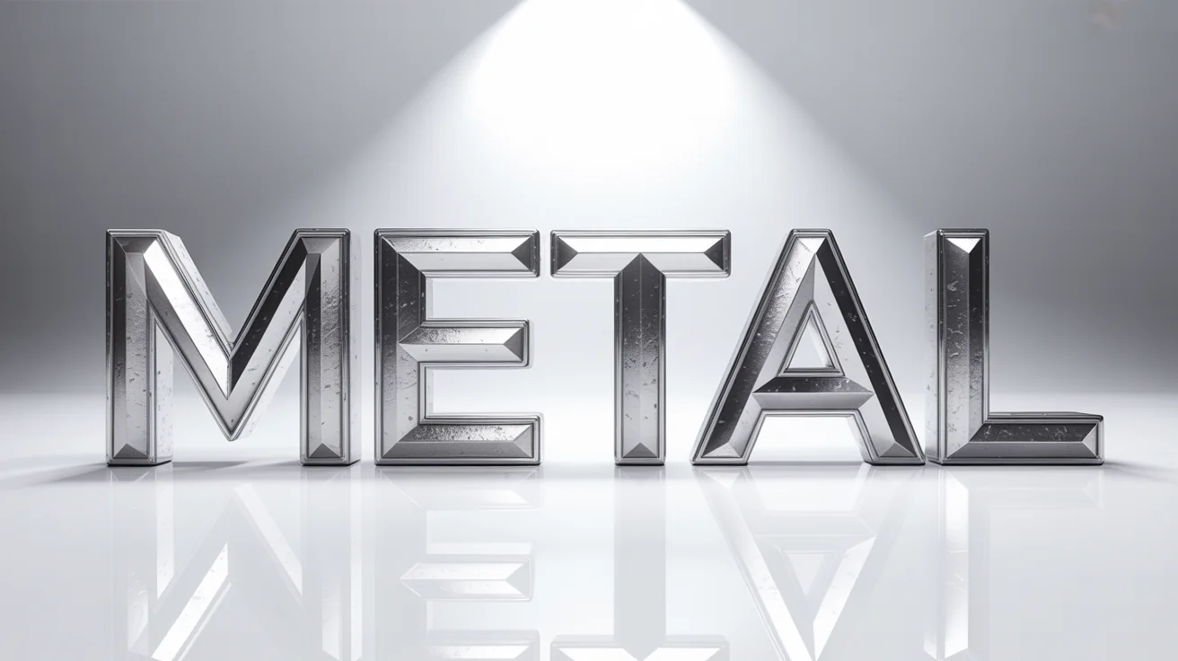 A photorealistic 3D rendering of the word 'METAL' in a polished chrome finish with beveled edges, set against a plain white background to showcase a metal text effect.