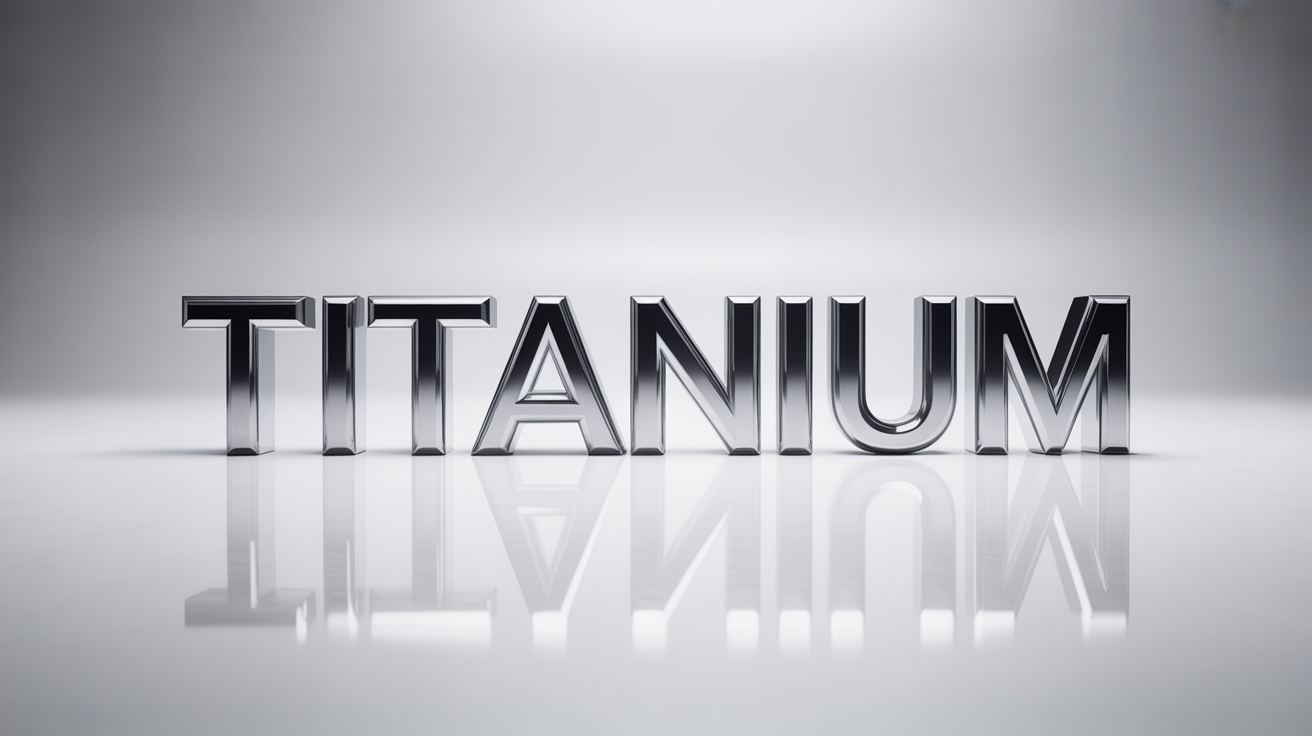 A photorealistic 3D rendering of the word 'TITANIUM' in a bold, metallic font, showcasing a shiny chrome metal text effect on a clean white background.