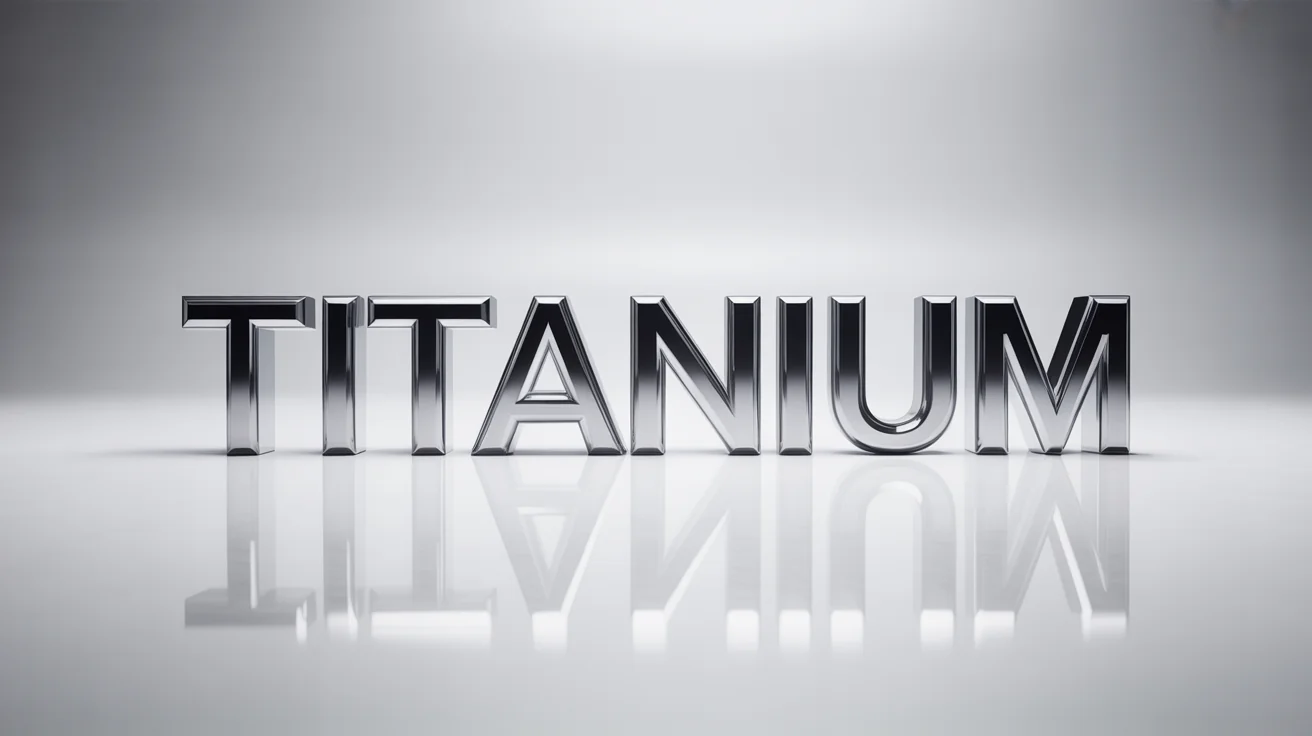 A photorealistic 3D rendering of the word 'TITANIUM' in a bold, metallic font, showcasing a shiny chrome metal text effect on a clean white background.