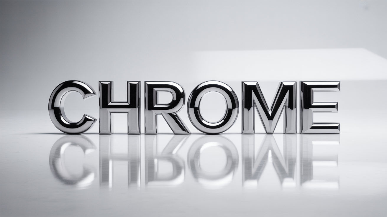 A hyper-realistic image of the word 'CHROME' in bold, 3D letters made of polished metal, sitting on a clean white background and casting a soft shadow.