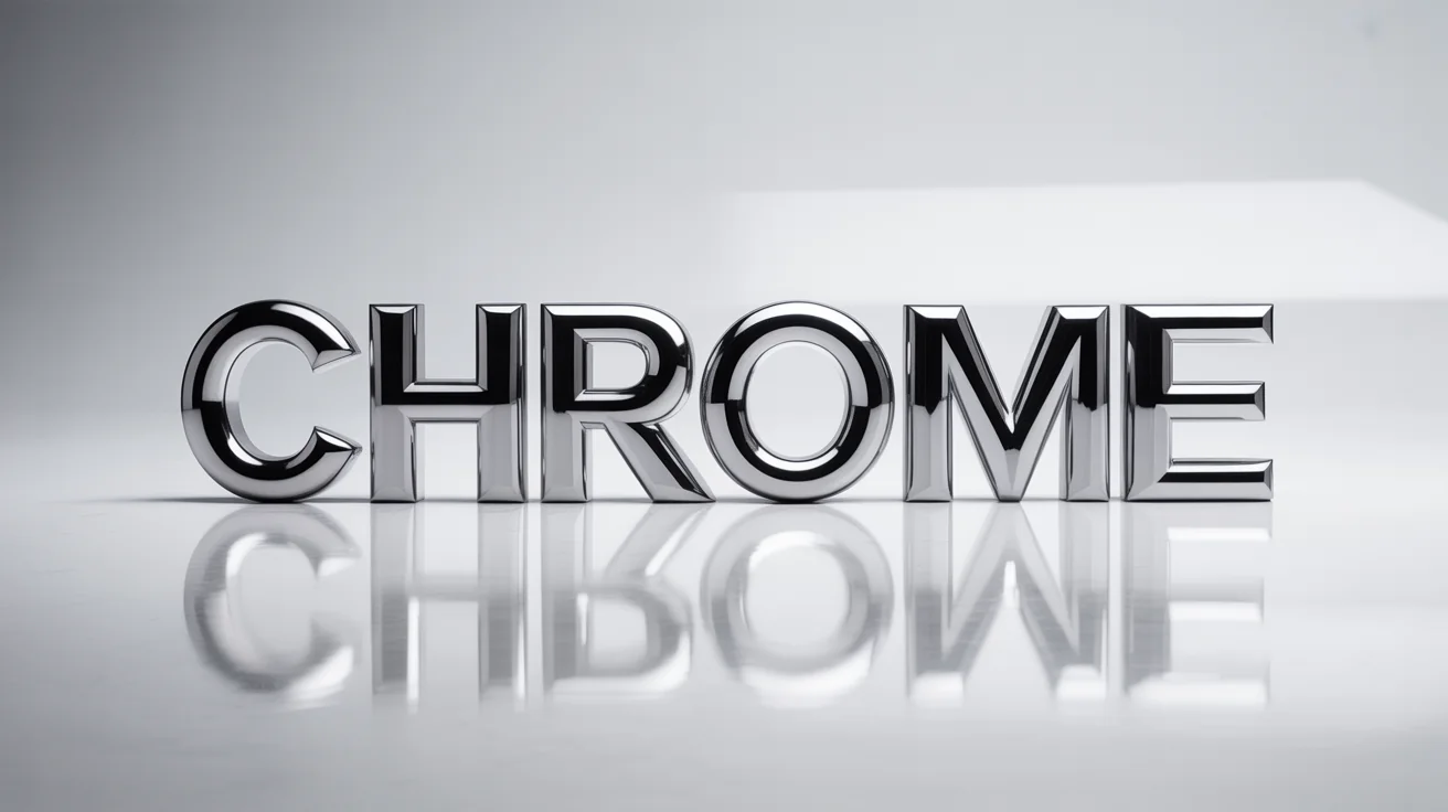 A hyper-realistic image of the word 'CHROME' in bold, 3D letters made of polished metal, sitting on a clean white background and casting a soft shadow.