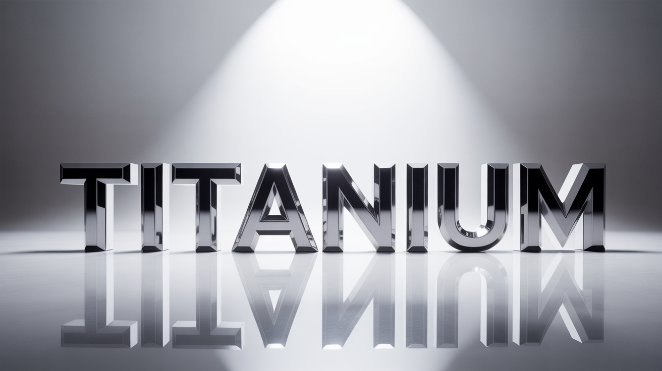 A close-up shot of the word 'TITANIUM' rendered in bold, 3D letters made of shiny chrome metal. The text is set against a clean white background, with dramatic lighting creating strong reflections and shadows.