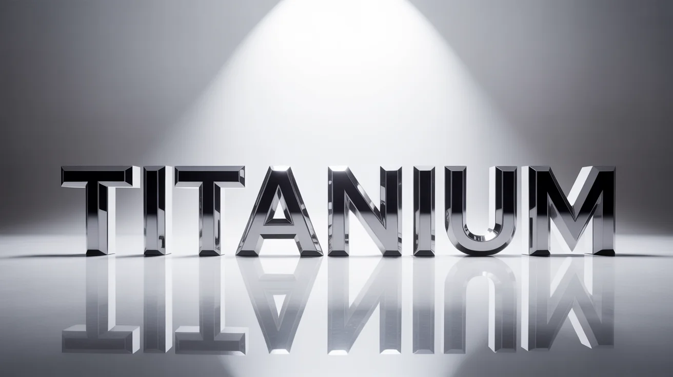 A close-up shot of the word 'TITANIUM' rendered in bold, 3D letters made of shiny chrome metal. The text is set against a clean white background, with dramatic lighting creating strong reflections and shadows.