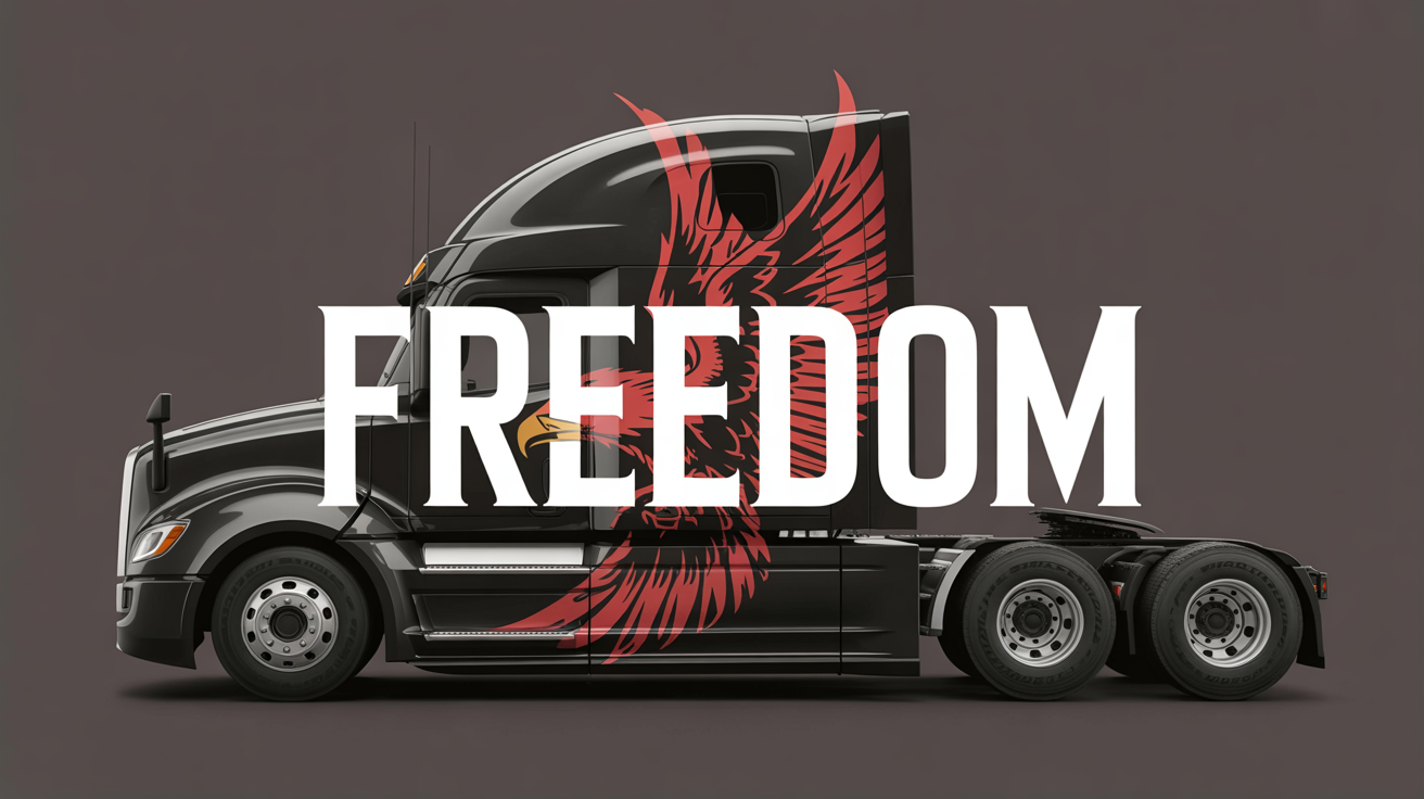 A realistic mockup of a modern black semi-truck featuring a large decal on its side. The decal shows a stylized red and black eagle with outstretched wings above the word 'FREEDOM' in bold white text. The truck is pictured on a highway at sunset.