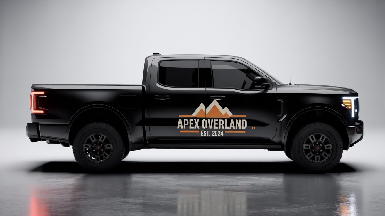 A modern black pickup truck shown in a studio with a white background, featuring a custom orange and white 'Apex Overland' decal on its side door.