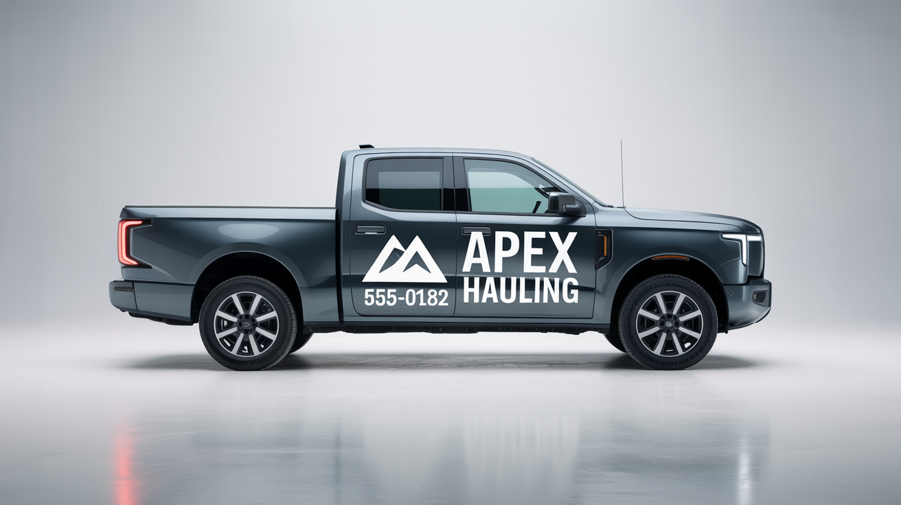 A mockup of a dark grey pickup truck on a white background, featuring a custom decal for 'APEX HAULING' on the driver's side door.