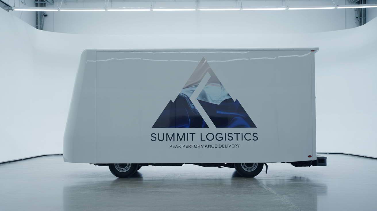 A mockup of a white delivery truck with a blue and silver 'Summit Logistics' decal on its side, shown against a plain white background to demonstrate decal placement.
