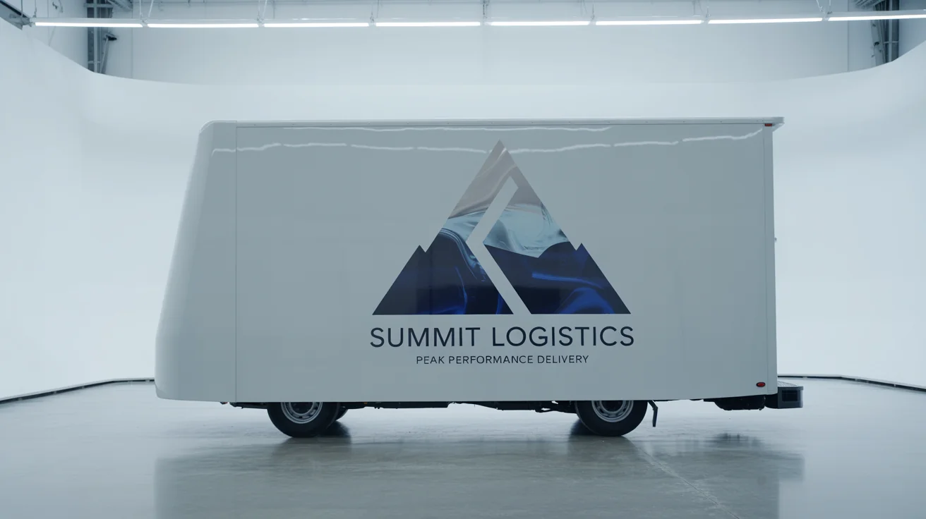 A mockup of a white delivery truck with a blue and silver 'Summit Logistics' decal on its side, shown against a plain white background to demonstrate decal placement.