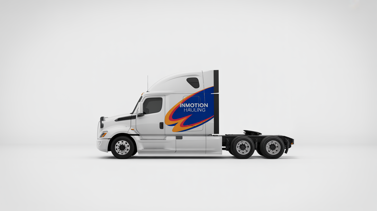 A photorealistic mockup of a modern white semi-truck showing the ideal placement for a custom vinyl decal with the words 'InMotion Hauling', set against a plain white background.