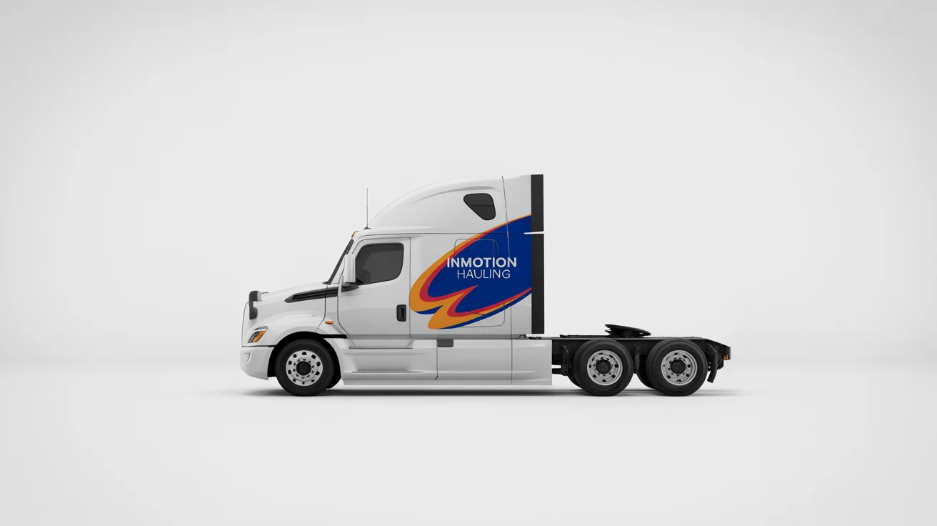 A photorealistic mockup of a modern white semi-truck showing the ideal placement for a custom vinyl decal with the words 'InMotion Hauling', set against a plain white background.