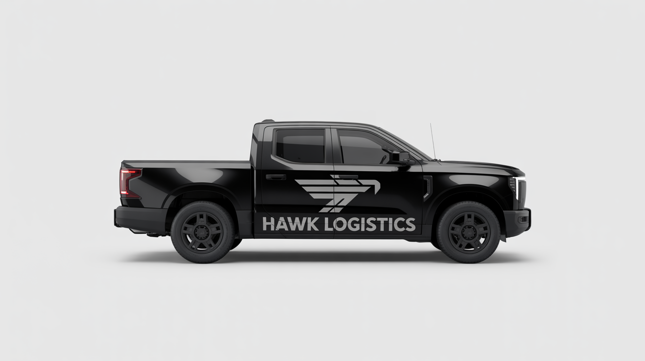 A mockup of a sleek black pickup truck with a custom decal for 'HAWK LOGISTICS' on its door, shown against a clean white background to showcase decal placement.