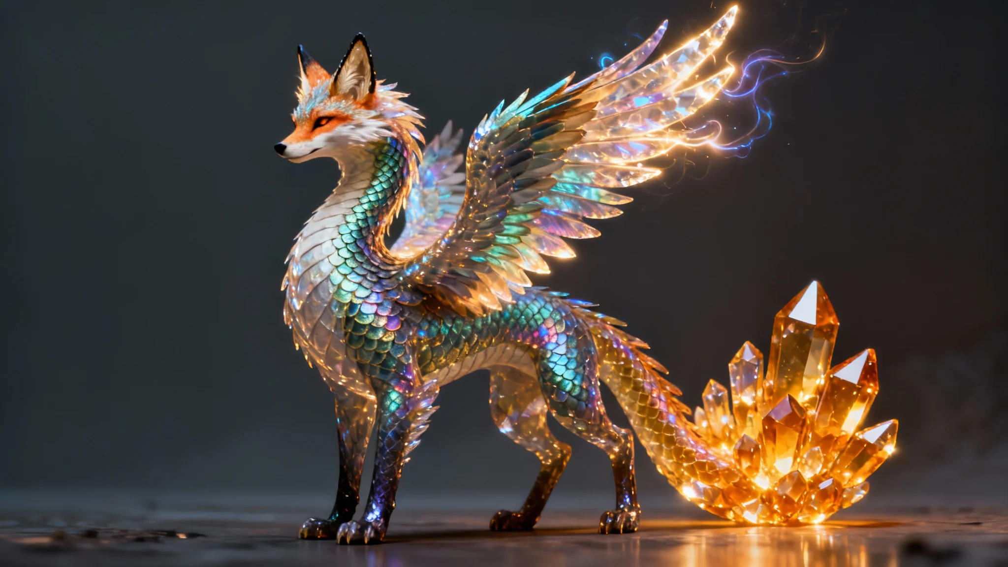 A stunning, highly detailed digital painting of a fantastical creature, a mix between a serpent and a fox, with glowing wings and a crystalline tail, representing a final result from a creature design tool.