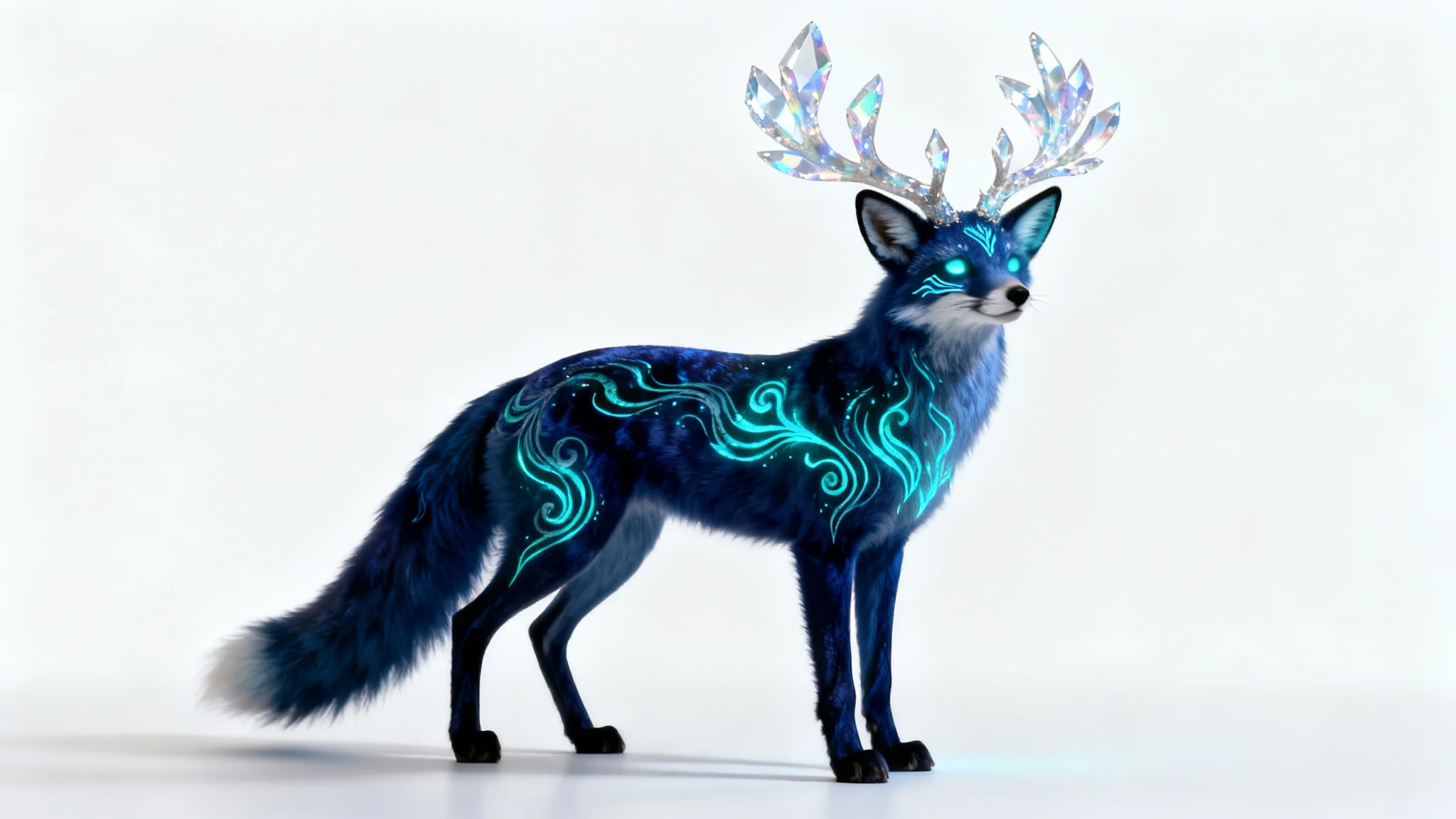 A photorealistic image of a fantastical indigo fox-like creature with glowing cyan patterns and crystalline antlers, standing against a clean white background.