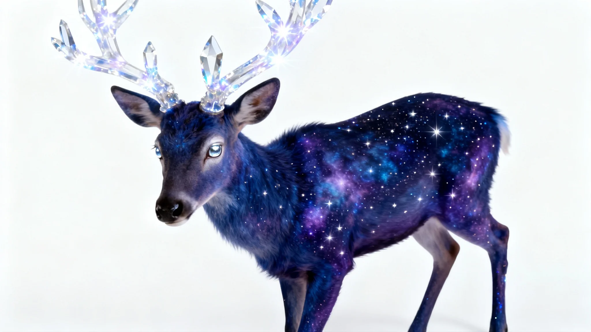 A majestic, star-dusted stag with glowing crystalline antlers, presented as a fantasy creature concept art against a white background.
