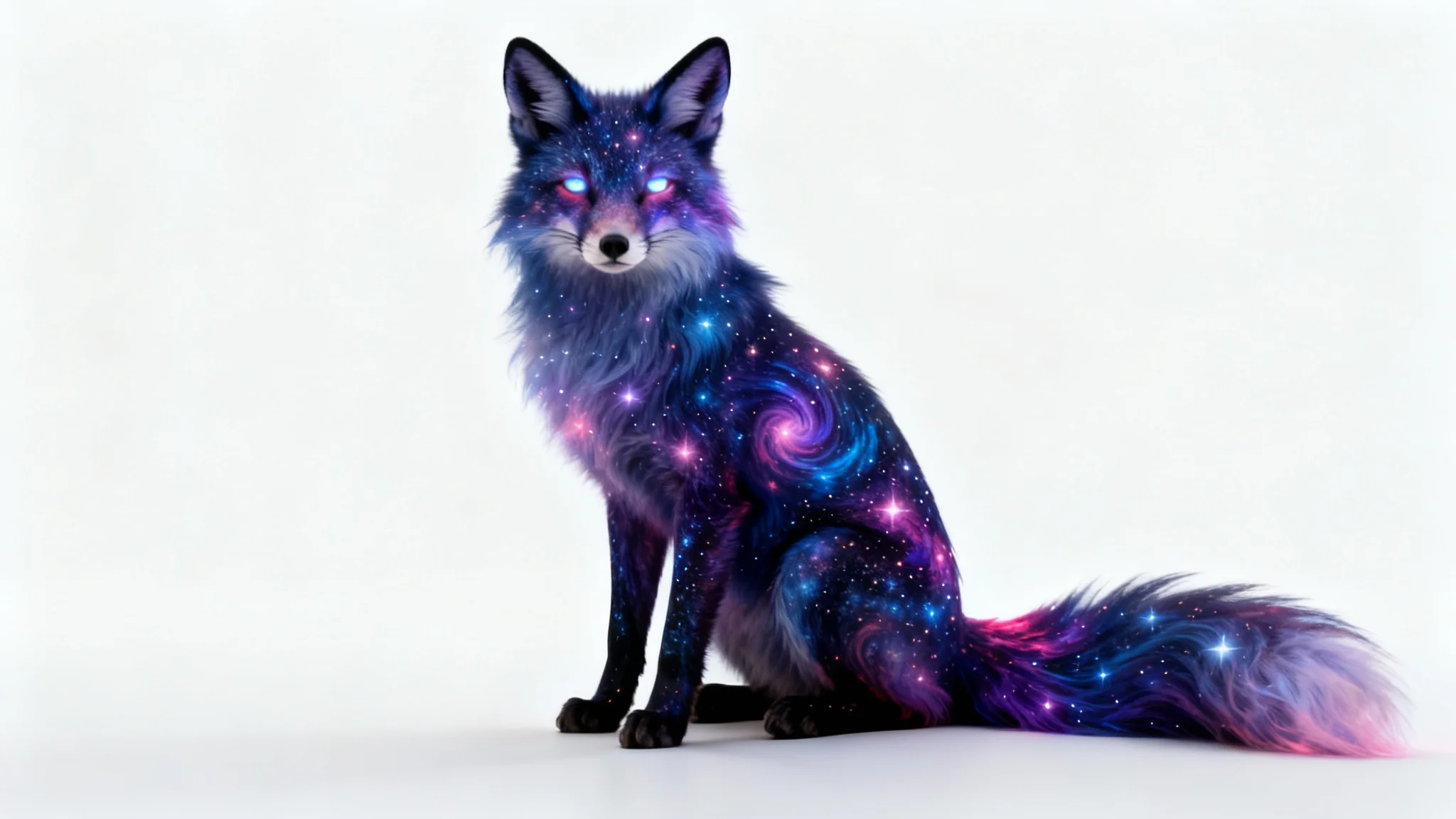 A photorealistic mockup of a fantastical creature, a celestial fox with nebula-patterned fur and multiple tails, sitting gracefully against a plain white background.