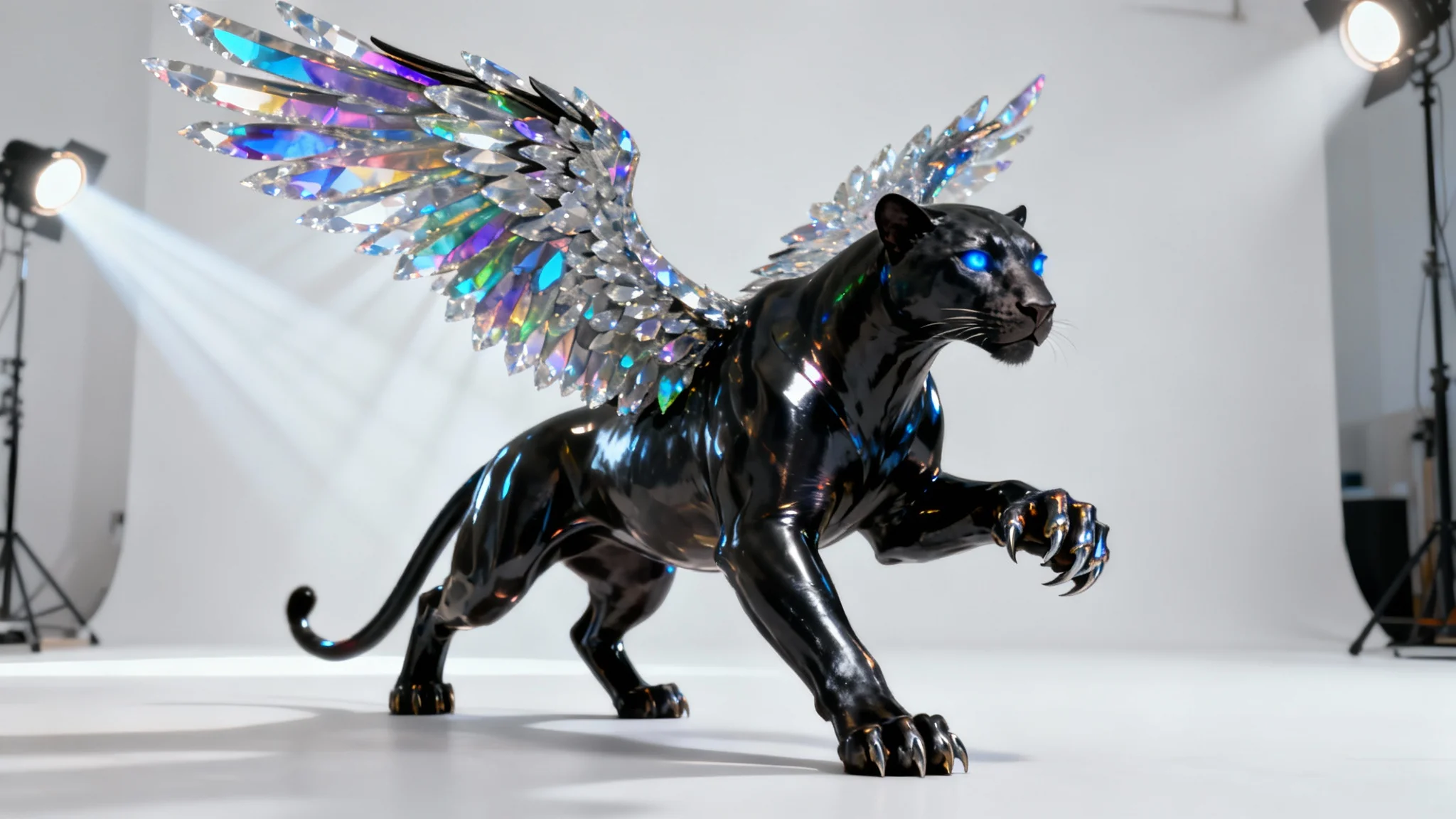 A photorealistic concept art image of a fantastical creature on a white background. The creature resembles a griffin with the body of a black panther and the head and wings of a crystalline eagle.