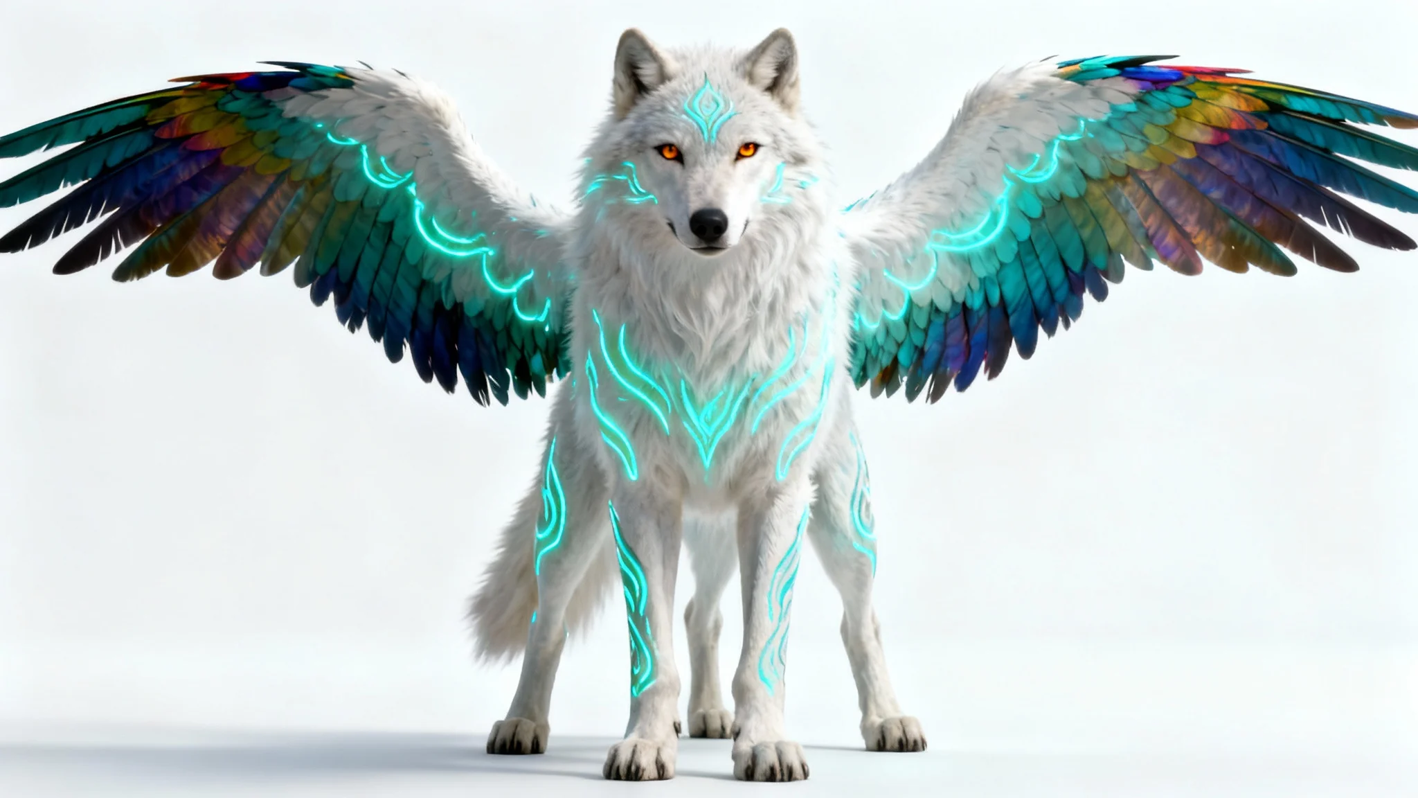 A majestic, six-legged fantasy wolf with iridescent feathered wings and glowing patterns on its fur, standing against a clean white background.