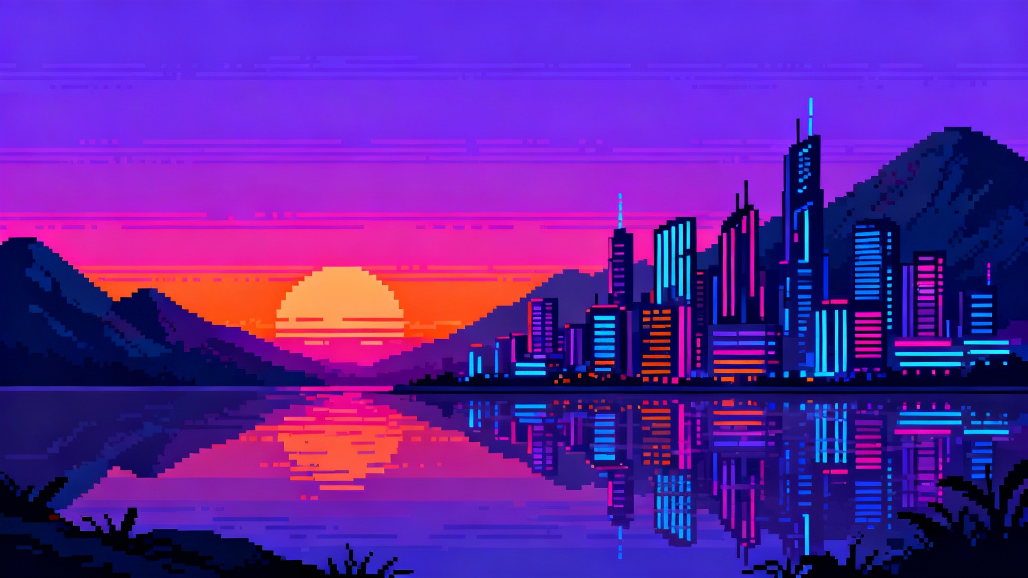 A vibrant 16:9 pixel art background depicting a futuristic city skyline at sunset, with mountains and reflections in the water, in a purple and pink neon color palette.
