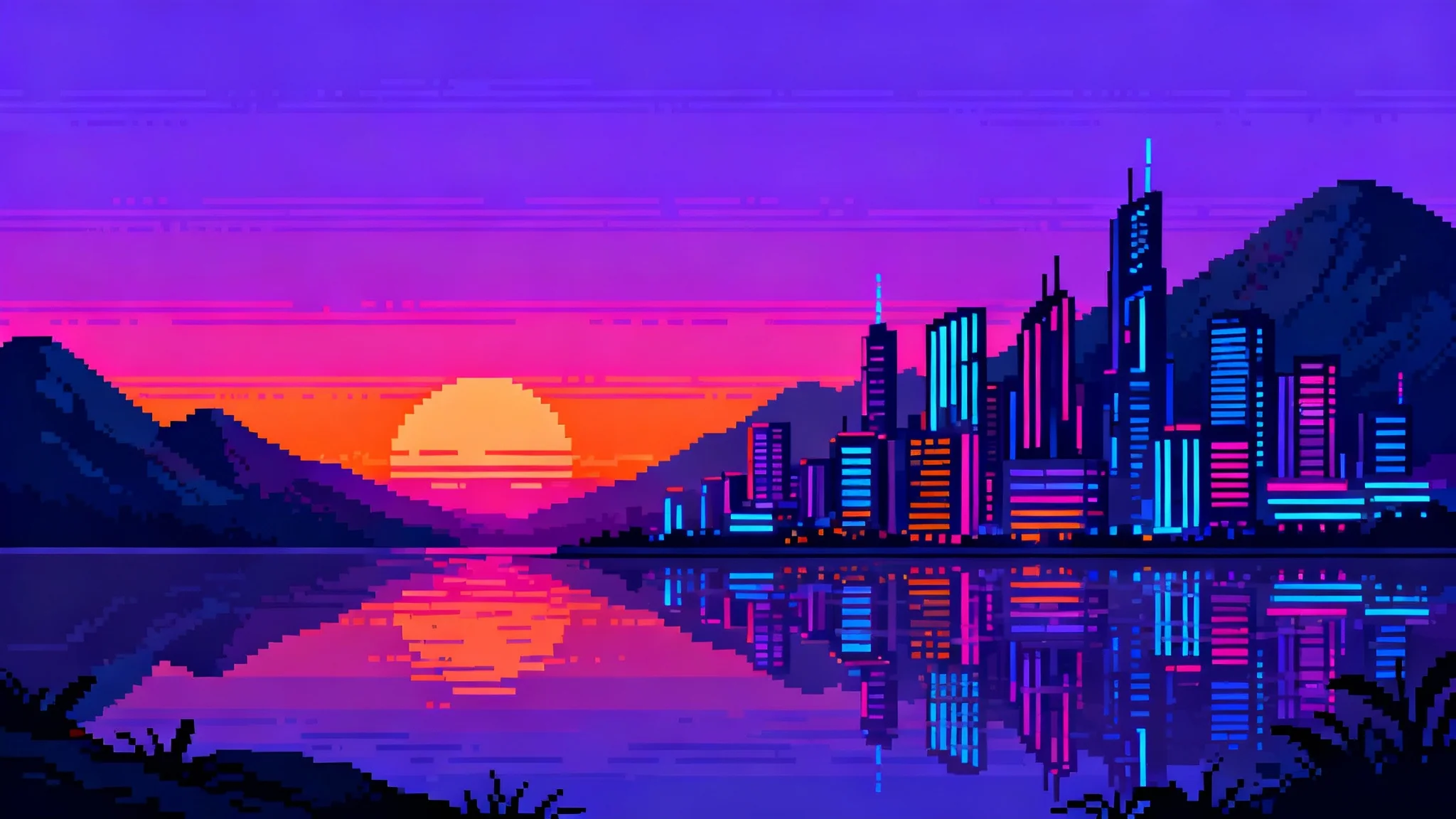 A vibrant 16:9 pixel art background depicting a futuristic city skyline at sunset, with mountains and reflections in the water, in a purple and pink neon color palette.