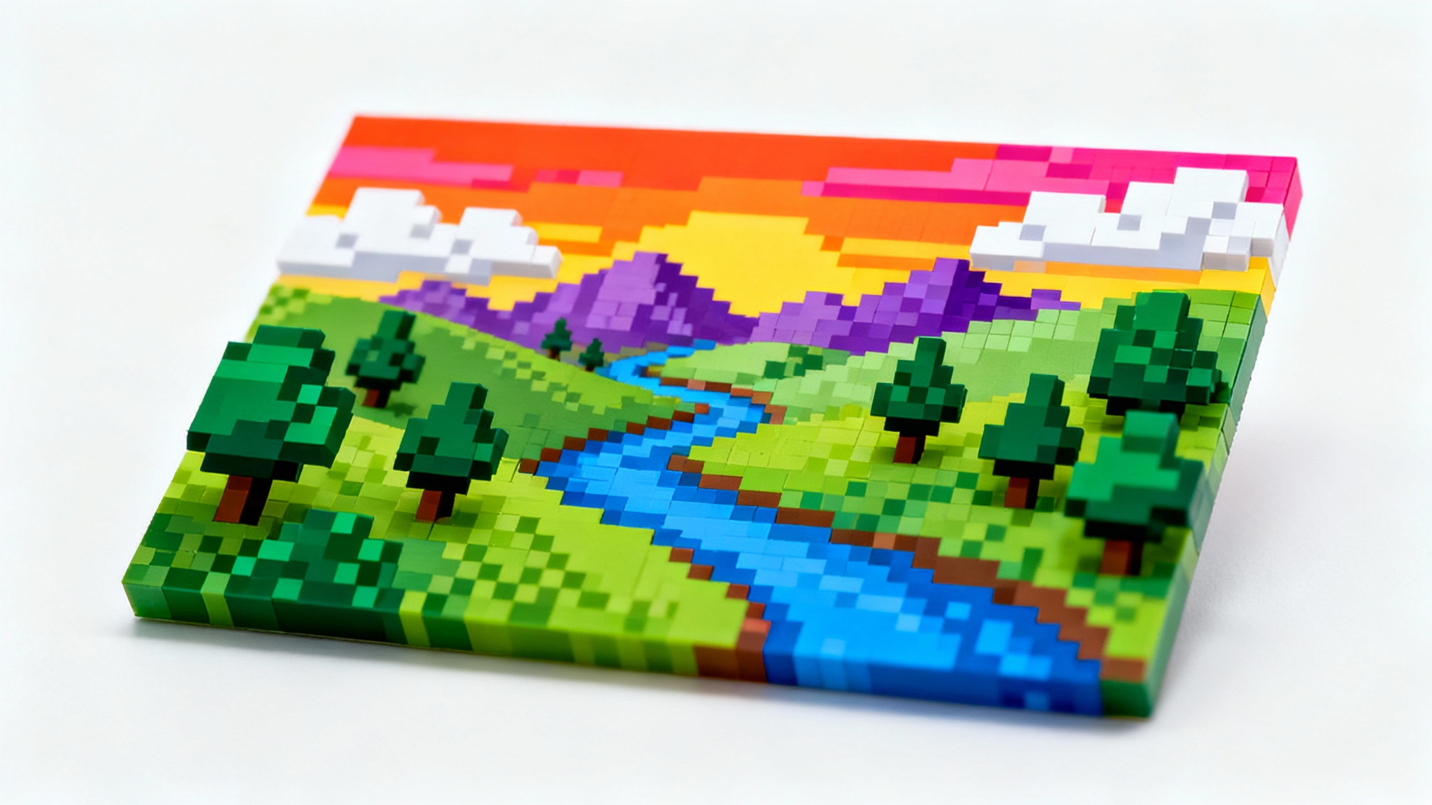 A sample of a colorful 16-bit pixel art background showing a fantasy landscape with hills, a river, and a sunset, all on a plain white background.