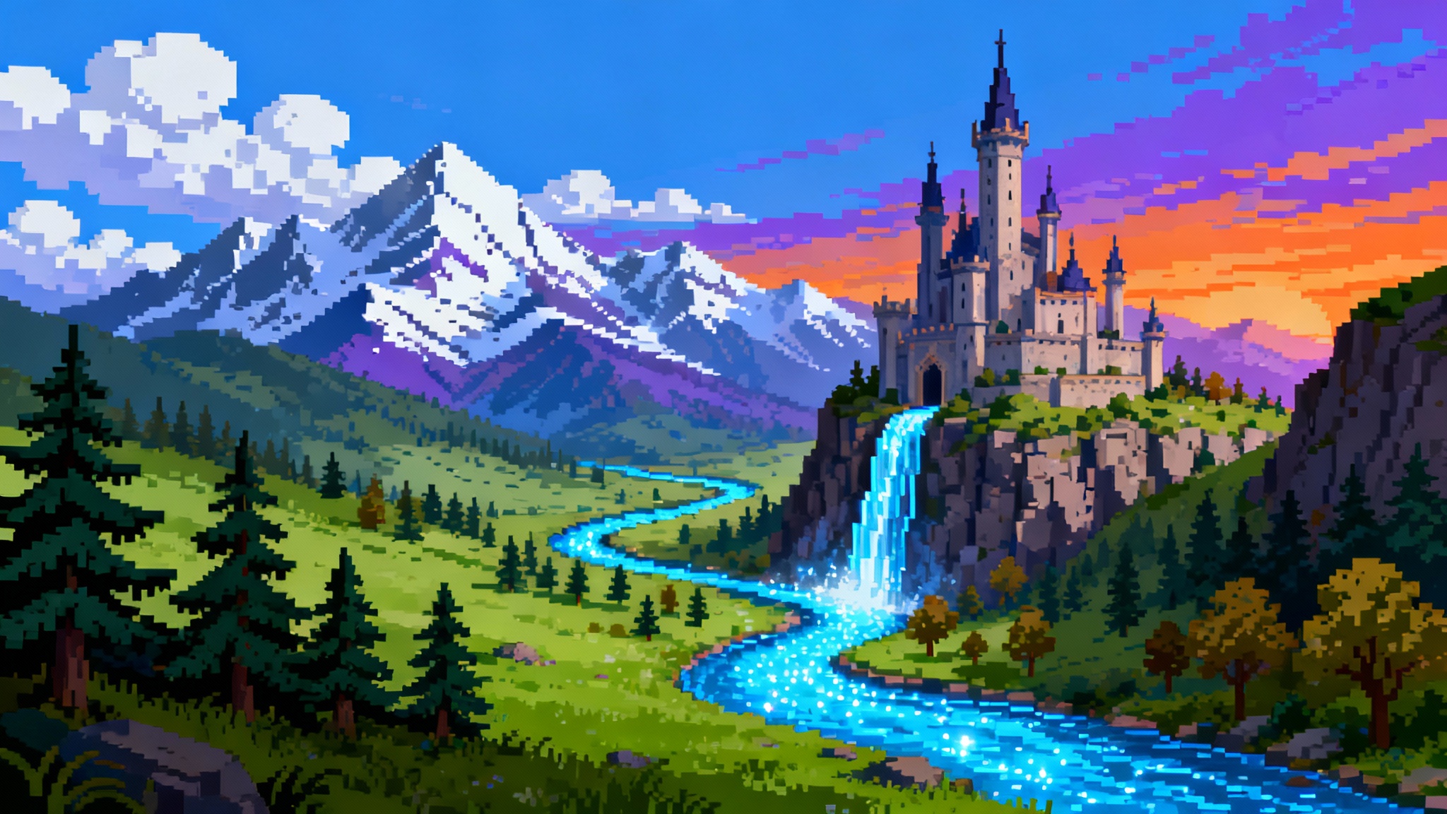 A detailed 16-bit pixel art landscape featuring a castle on a cliff, snow-capped mountains, and a river flowing through a green valley.