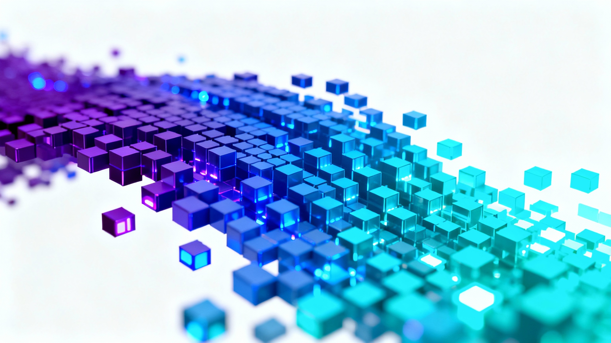 An abstract background made of glowing blue and purple pixels, creating a sense of digital depth and movement, on a clean white background.