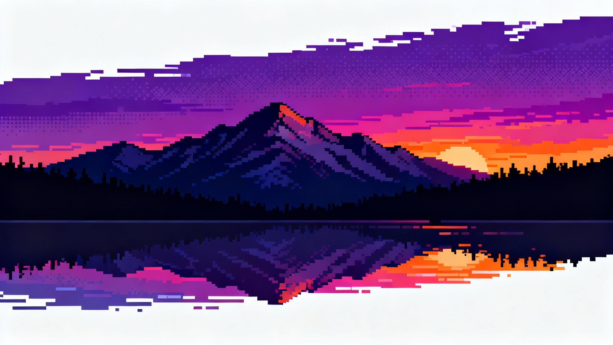 A pixel art background depicting a serene mountain landscape at sunset, with the colorful purple and orange sky reflected in a calm lake.