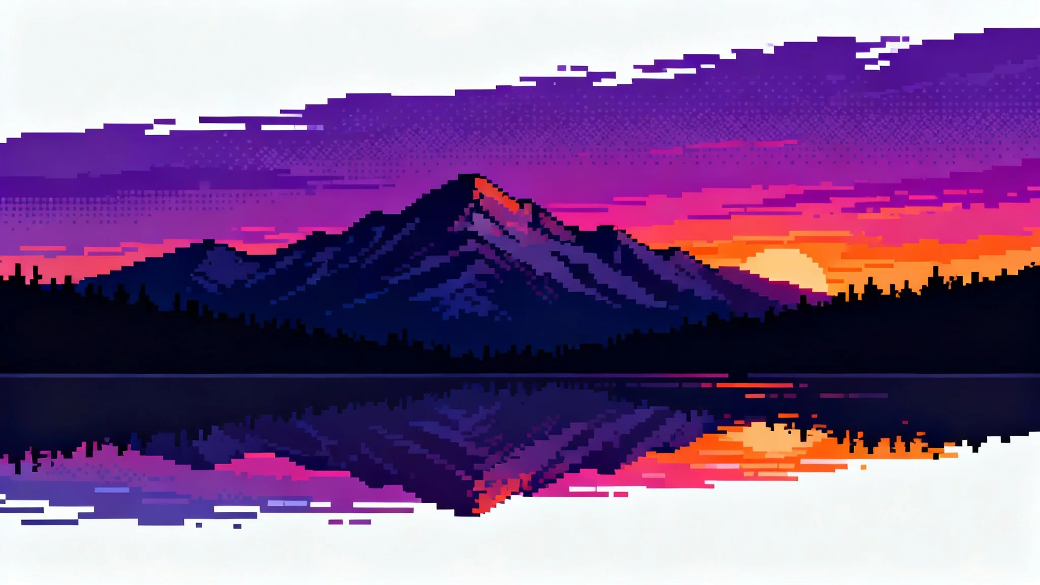 A pixel art background depicting a serene mountain landscape at sunset, with the colorful purple and orange sky reflected in a calm lake.