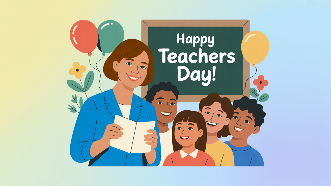 A professionally designed greeting card for Teacher's Day, featuring a colorful illustration of a smiling teacher and happy students in a classroom. The text 'Happy Teachers Day!' is written on a chalkboard in the background.