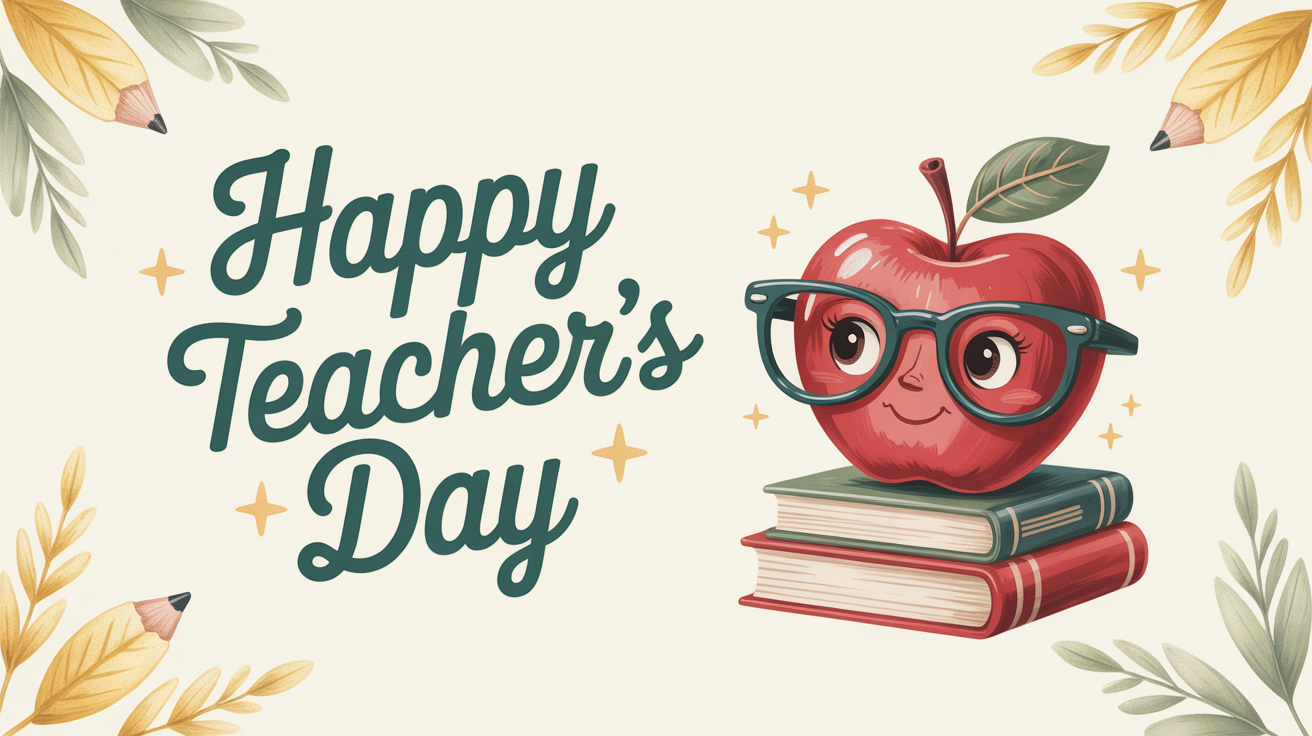 A charming 'Happy Teacher's Day' greeting card mockup featuring an illustration of a smiling apple with glasses, set against a clean white background.