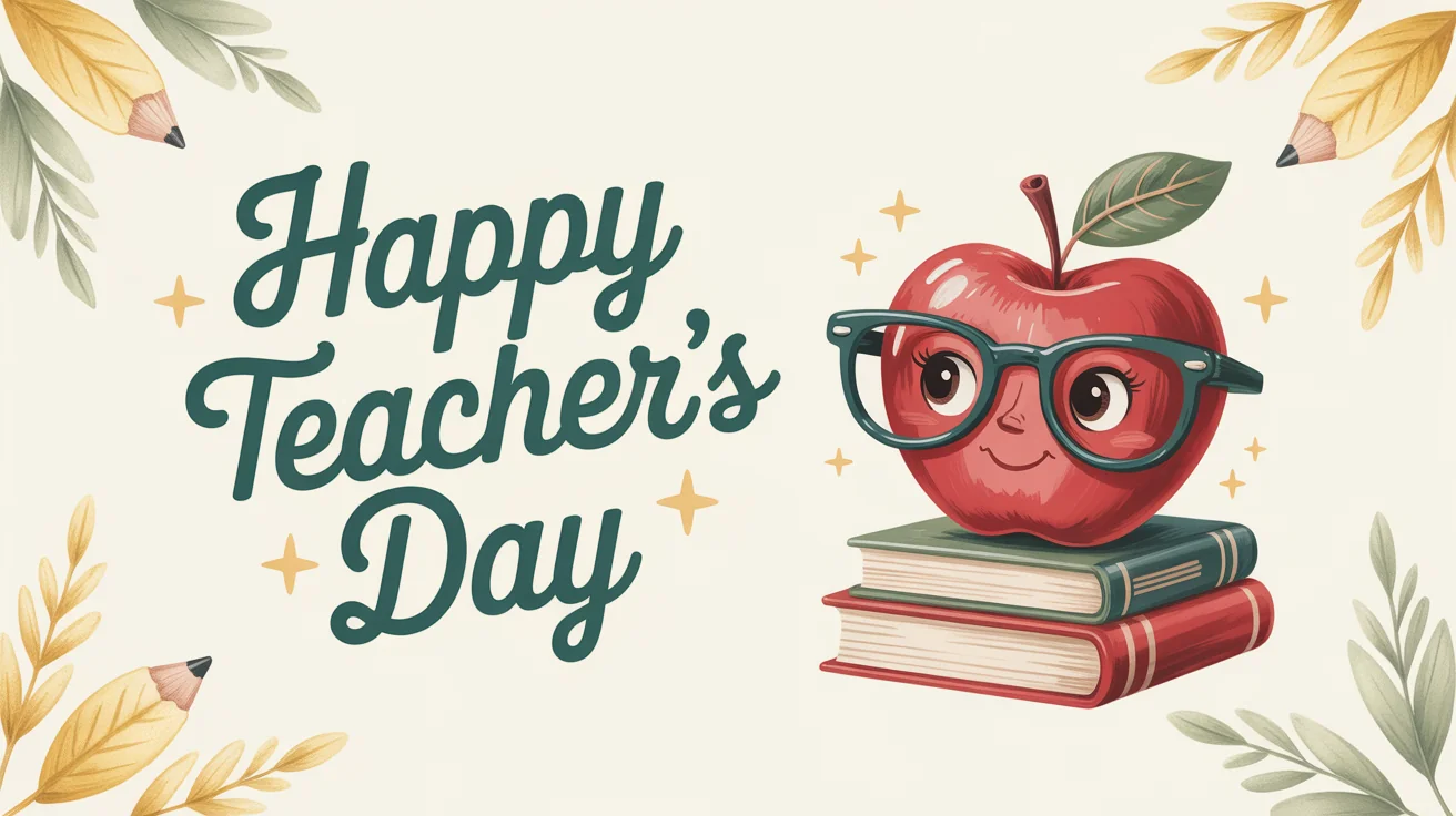 A charming 'Happy Teacher's Day' greeting card mockup featuring an illustration of a smiling apple with glasses, set against a clean white background.