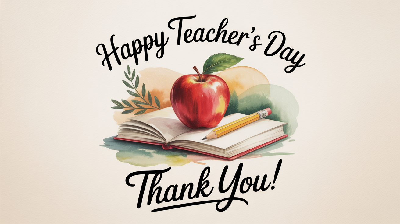 A beautiful greeting card for Teacher's Day standing on a white surface. It features a watercolor apple and books, with the text 'Happy Teacher's Day' and 'Thank You!'.