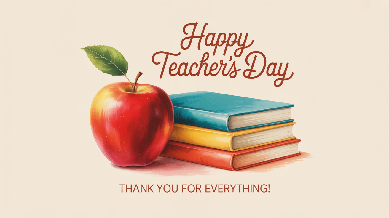 A mockup of a Happy Teacher's Day card featuring a stylized illustration of an apple and books, with the text 'Happy Teacher's Day' displayed prominently.