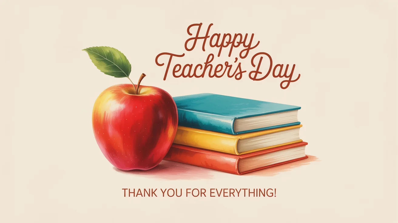 A mockup of a Happy Teacher's Day card featuring a stylized illustration of an apple and books, with the text 'Happy Teacher's Day' displayed prominently.