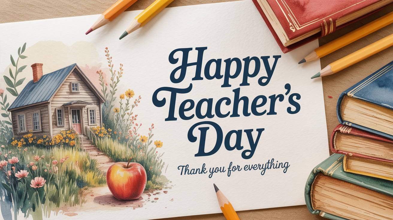 A beautiful greeting card mockup for Teacher's Day with watercolor illustrations of an apple and books, with the text 'Happy Teacher's Day' on a clean white background.