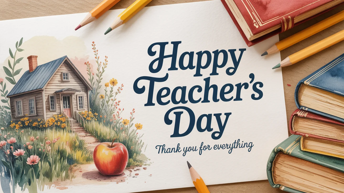 A beautiful greeting card mockup for Teacher's Day with watercolor illustrations of an apple and books, with the text 'Happy Teacher's Day' on a clean white background.
