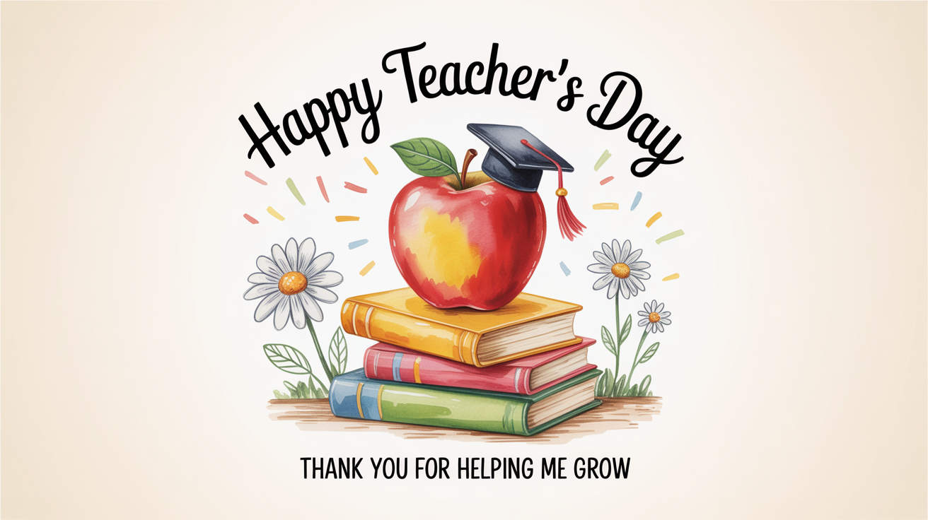 A mockup of a cheerful Teacher's Day card on a white background, featuring an illustration of an apple in a graduation cap and the text 'Happy Teacher's Day'.