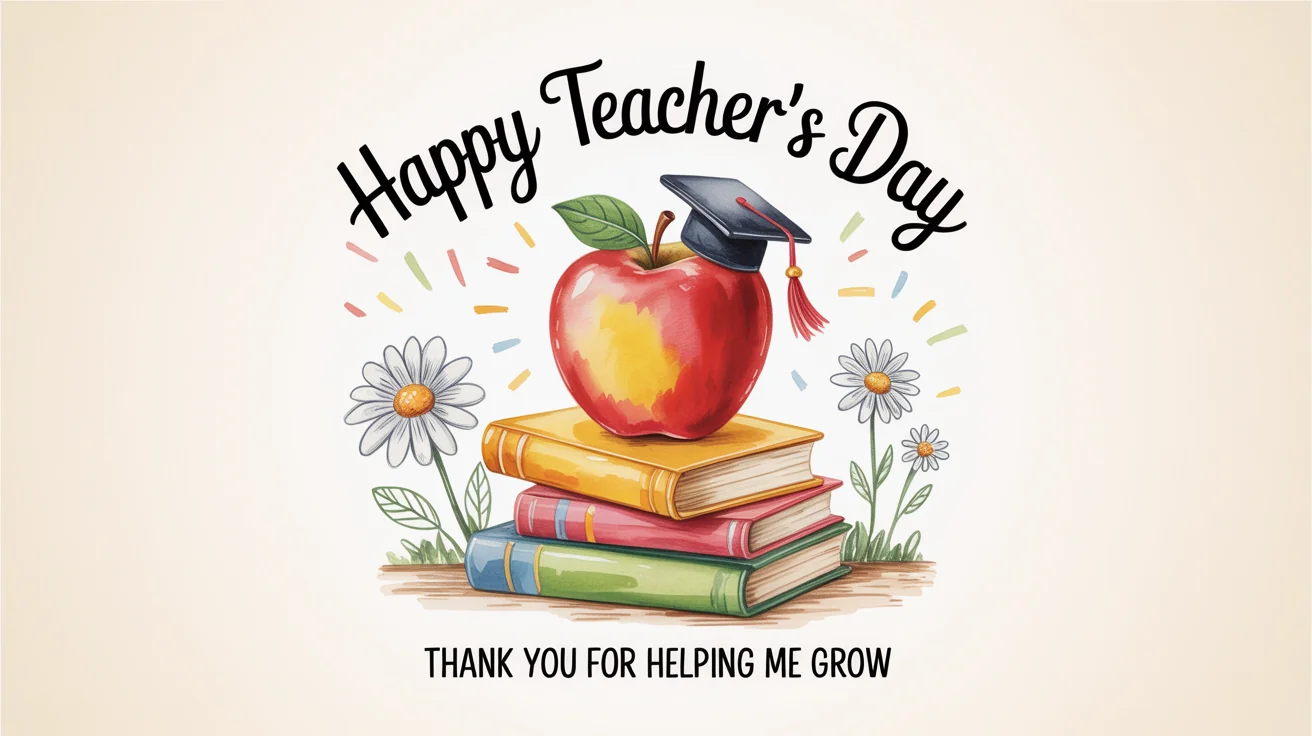 A mockup of a cheerful Teacher's Day card on a white background, featuring an illustration of an apple in a graduation cap and the text 'Happy Teacher's Day'.