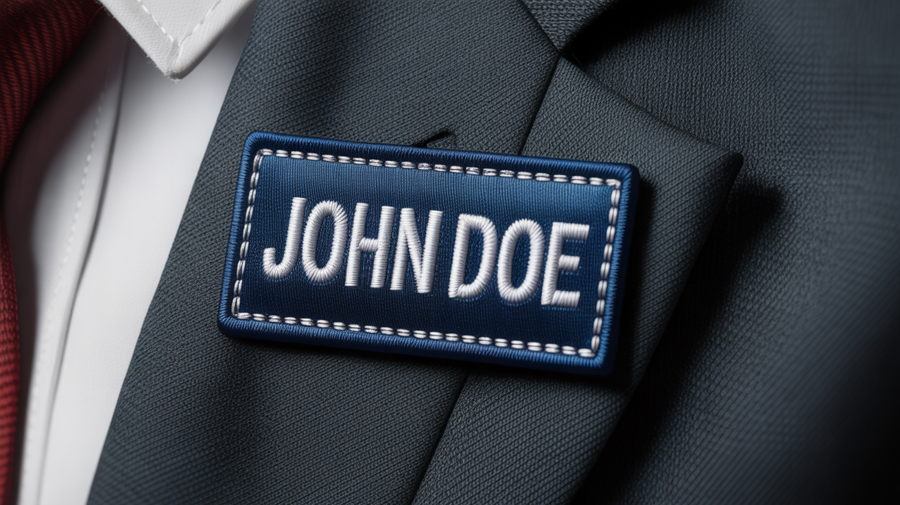 A professionally crafted embroidered name tag with a navy blue background and a silver border. The name 'JOHN DOE' is embroidered in the center in white capital letters, shown in a detailed close-up.
