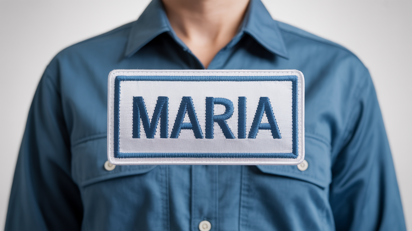 A photorealistic mockup of a rectangular embroidered name tag sewn onto a blue shirt, featuring the name 'MARIA' in blue thread, against a white background.