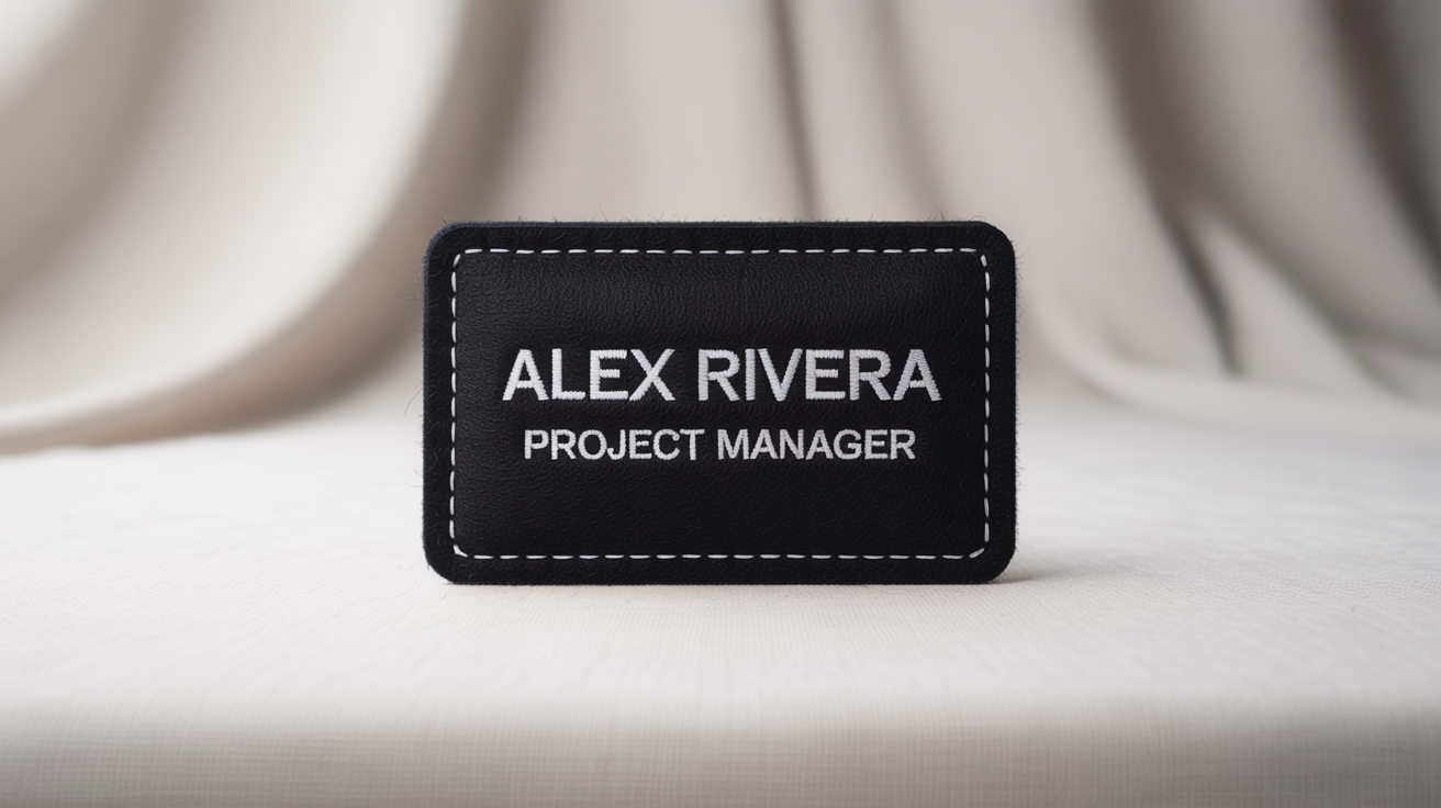 A photorealistic mockup of a professional black embroidered name tag with clean white stitching that reads 'Alex Rivera, Project Manager', set against a plain white background.
