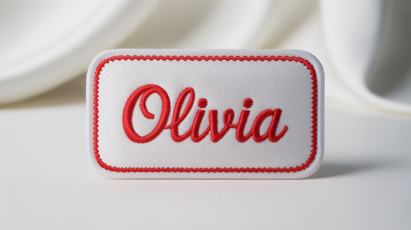 A close-up of a white embroidered name tag with the name 'OLIVIA' stitched in bright red cursive, set against a plain white background.