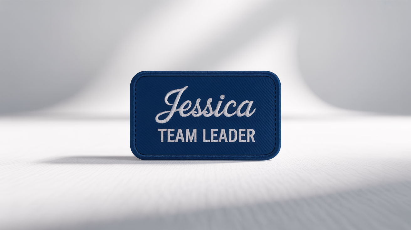 A photorealistic close-up of a navy blue embroidered name tag with the name 'Jessica' and title 'Team Leader' stitched in white, set against a clean white background.