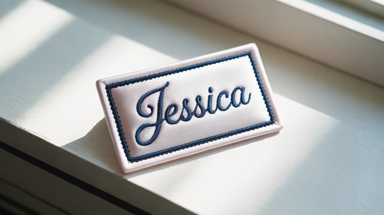 A close-up product photo of a rectangular, off-white embroidered name tag with a navy blue border. The name 'Jessica' is elegantly embroidered in the center in navy blue script.