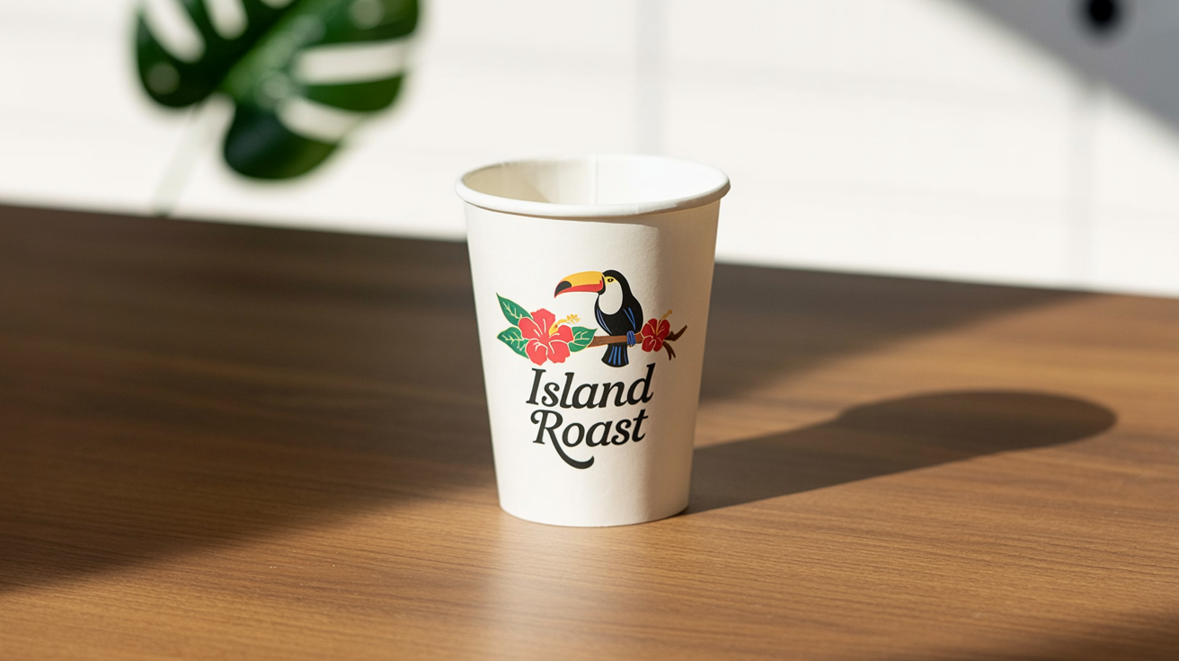 A photorealistic mockup showing a custom design on a Starbucks-style coffee cup. The design features a colorful toucan and the words 'Island Roast'.