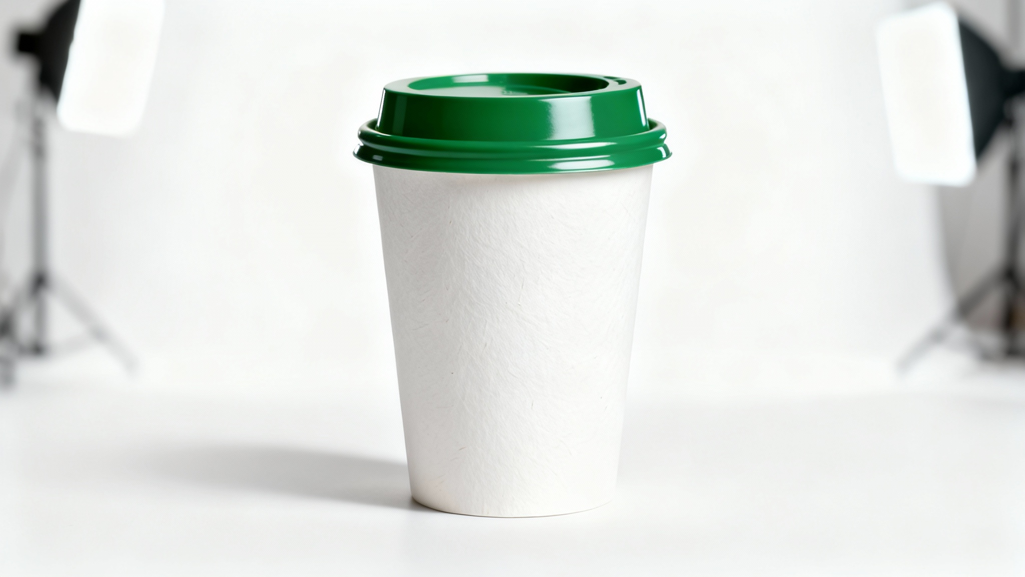 A photorealistic mockup of a blank white paper coffee cup with a green lid, similar in style to a Starbucks cup, set against a clean white background.